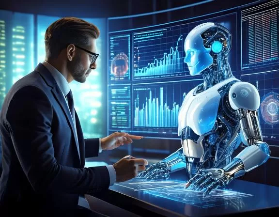 Imagem de um homem de terno falando com um robô