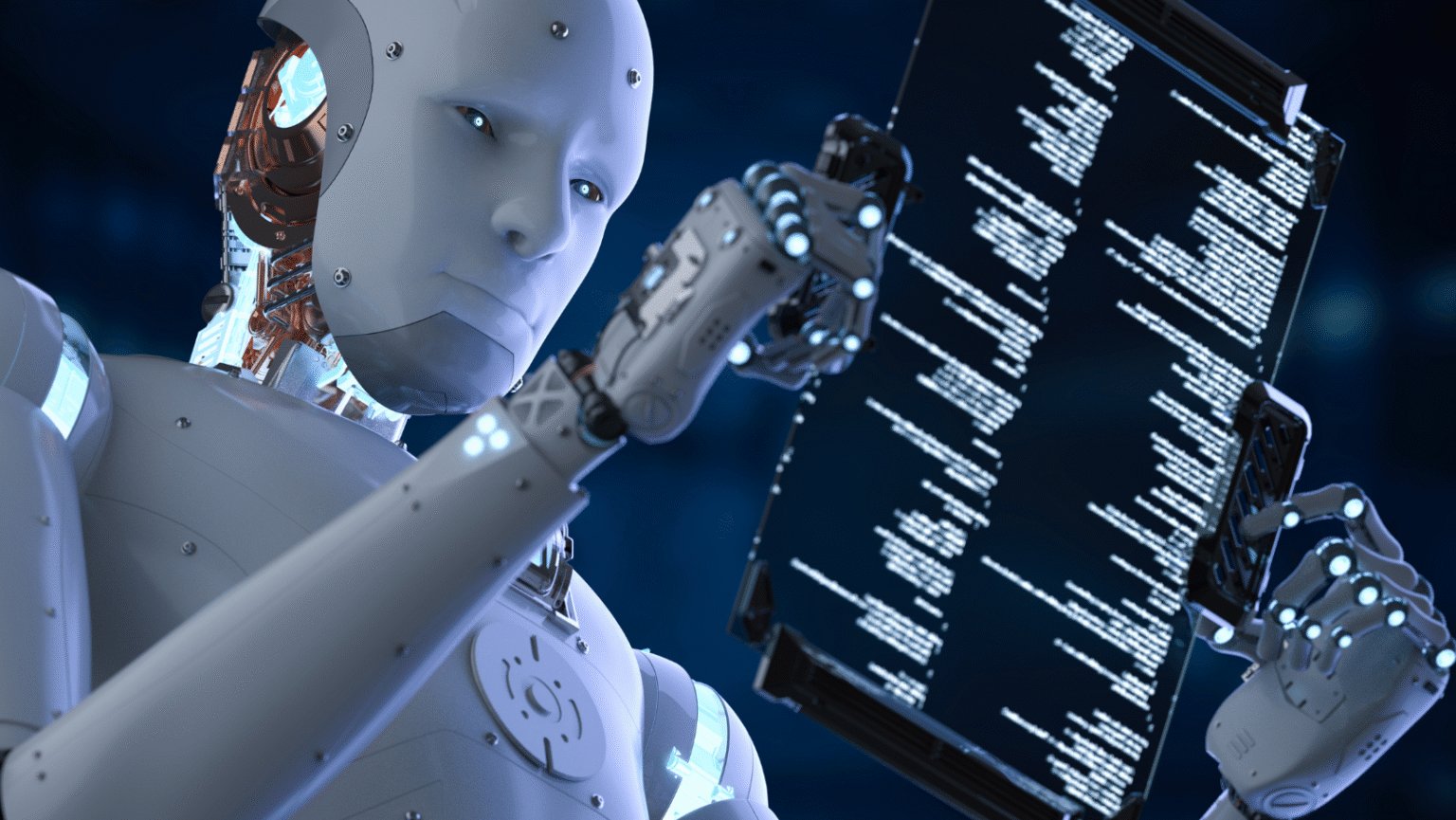 Imagem futurista de um robô digitando códigos